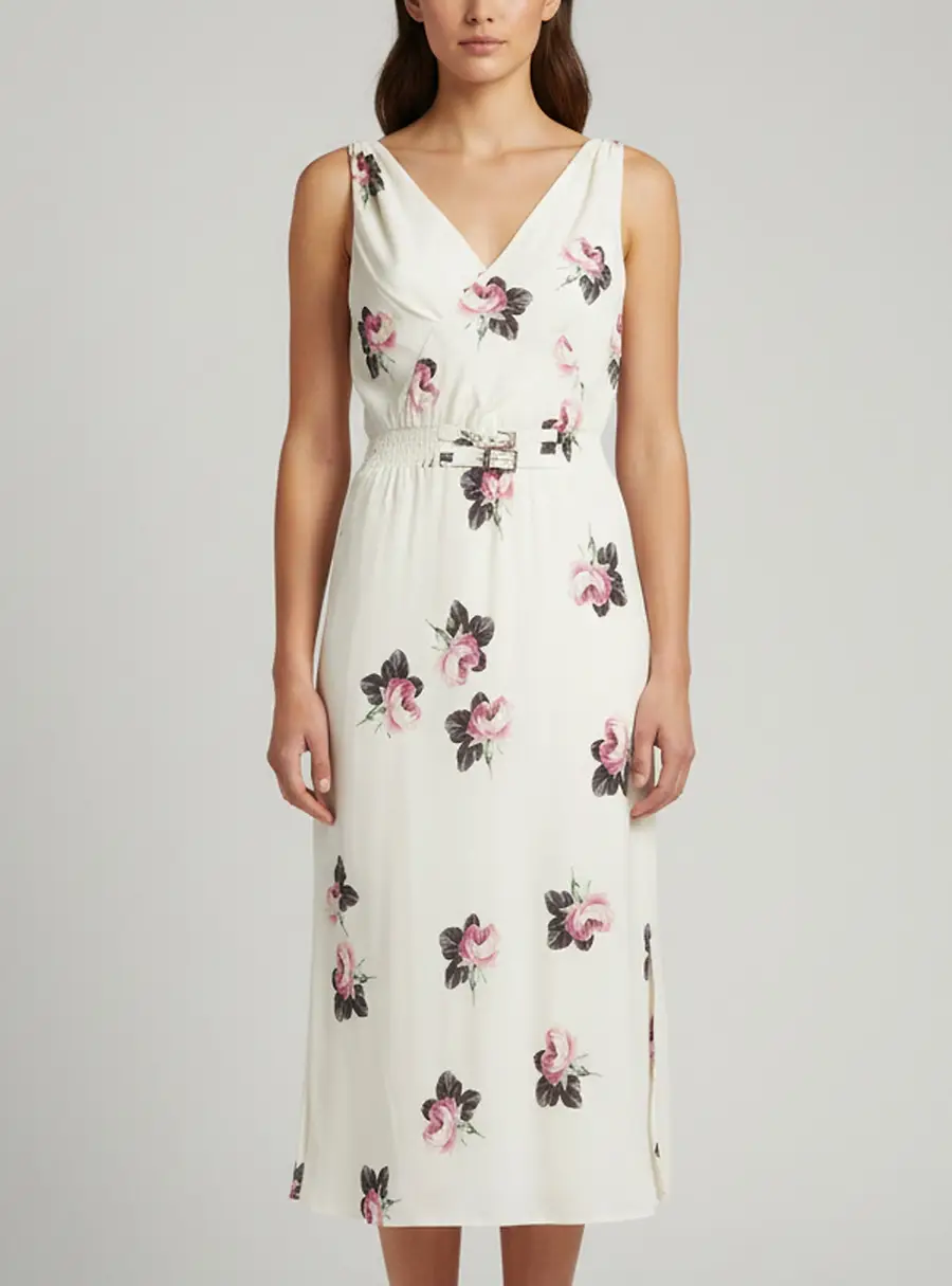 Prada Off White Printed Crepe Sleeveless Midi Dress S