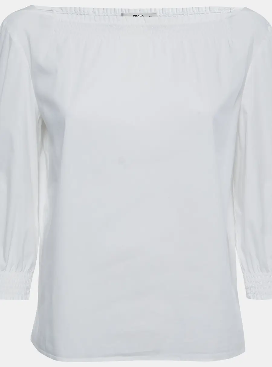 Prada White Cotton Smocked Detail Top S