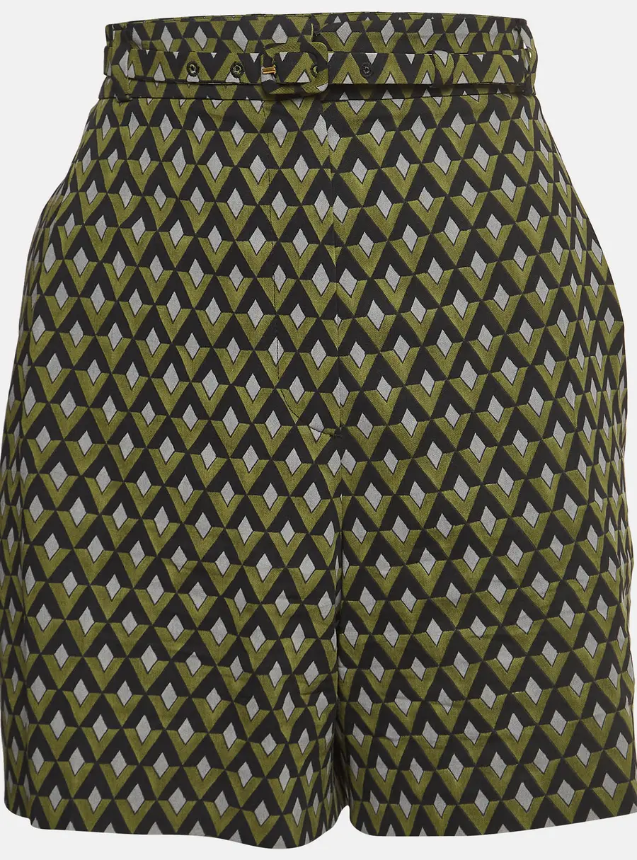 Prada Green Geometric Print Virgin Wool Belted Shorts M
