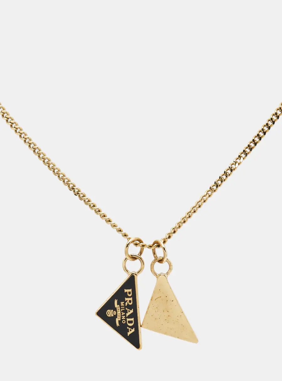 Prada Symbole Enameled Metal Triangle Gold Tone Pendant Necklace