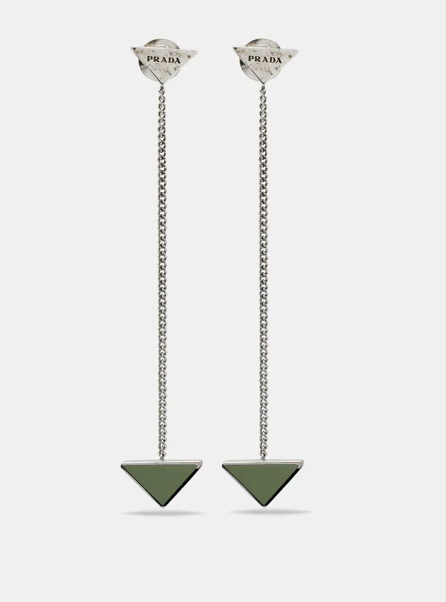 Prada Triangle Enamel Sterling Silver Chain Drop Earrings
