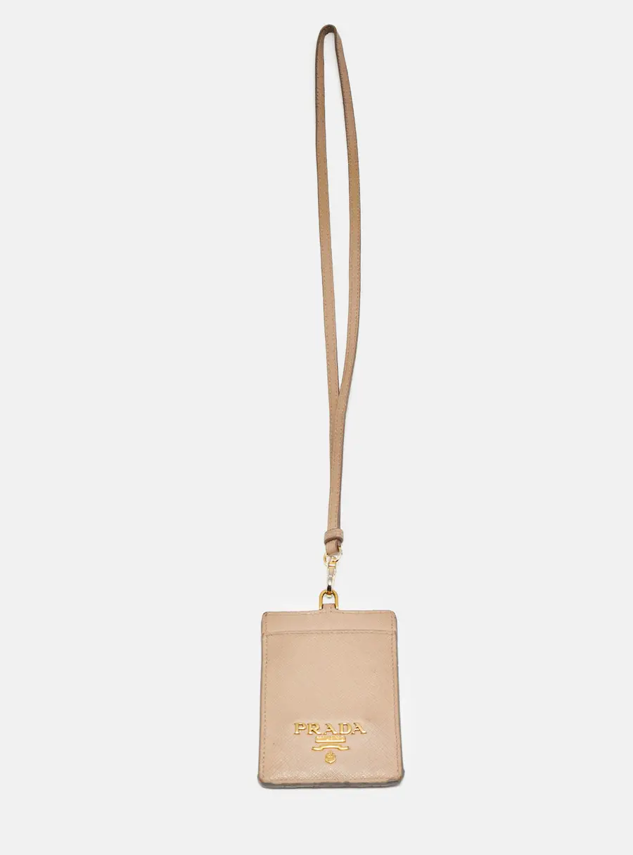 Prada Badge Holder Beige Saffiano Lux Leather Lanyard