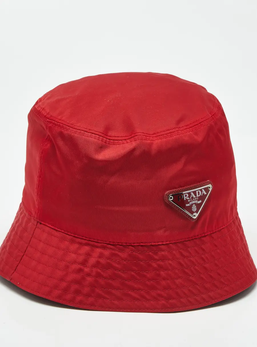 Prada Red Nylon Logo Triangle Plaque Bucket Hat S