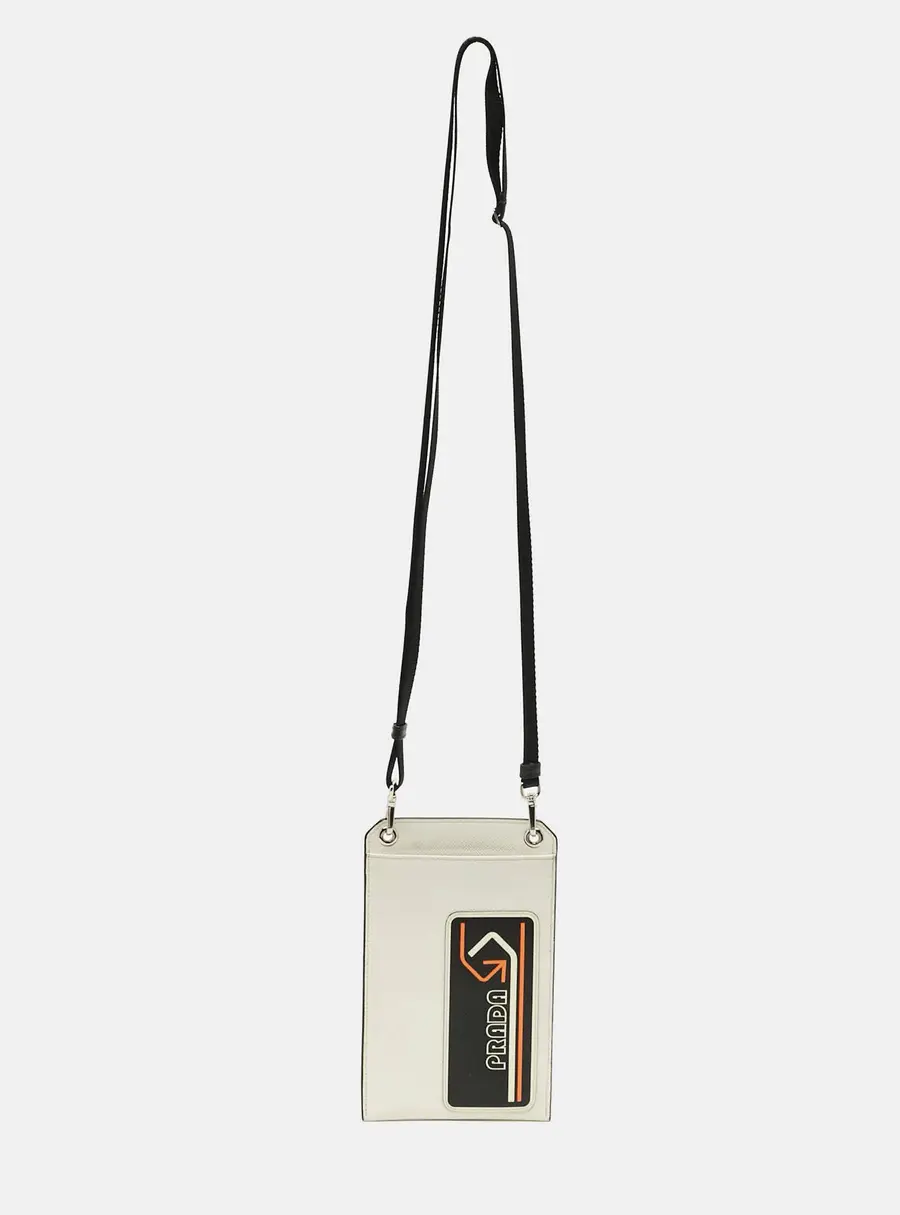 Prada Logo Patch White Saffiano Leather Phone Pouch with Strap