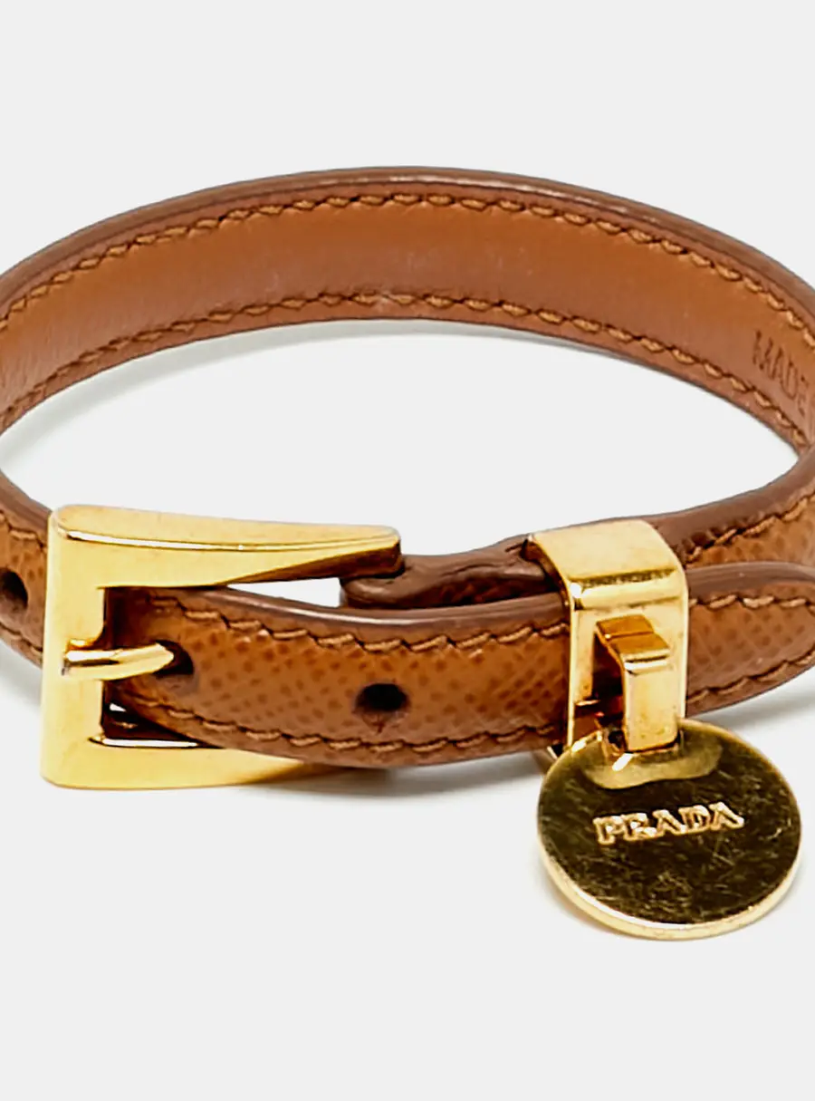 Prada  Brown Leather Gold Tone Braclet S