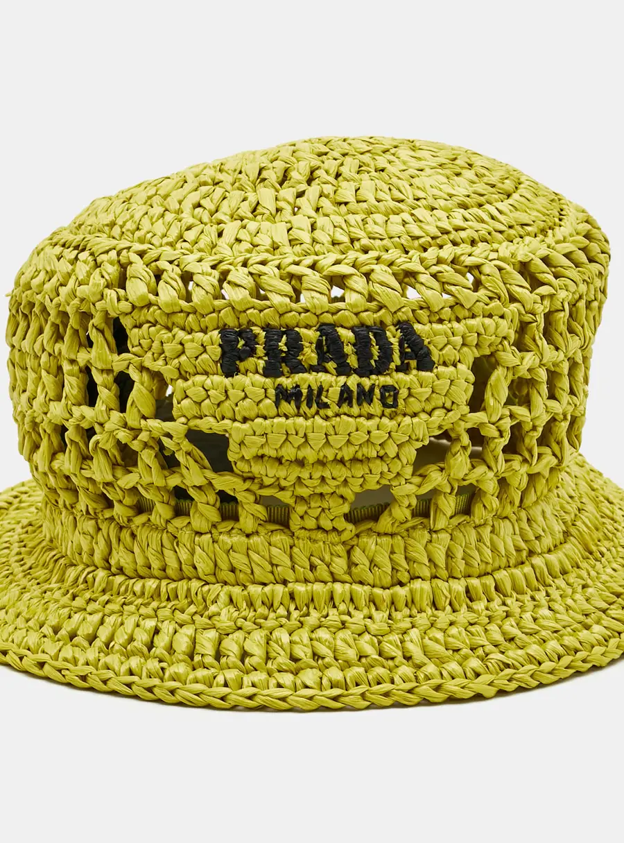 Prada Yellow Logo Crochet Raffia Bucket Hat M