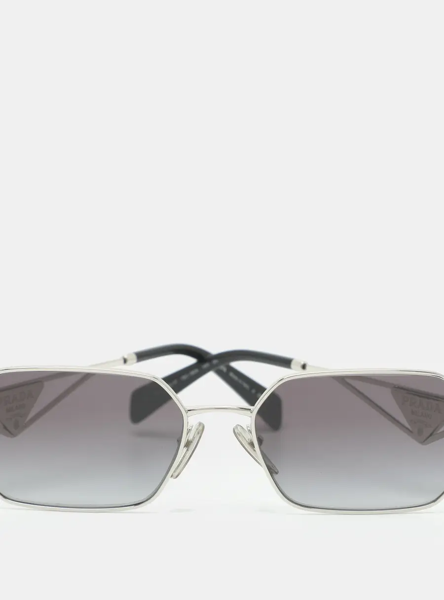 Prada Black Silver Tone Metal Geometric Frame Sunglasses