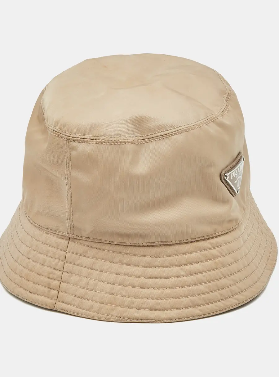 Prada Beige Re-Nylon Triangle Logo Bucket Hat M