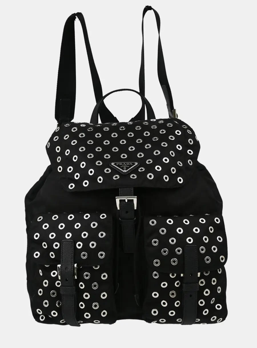 Prada Grommet Embellished Tessuto Medium Black Nylon Backpack Bag