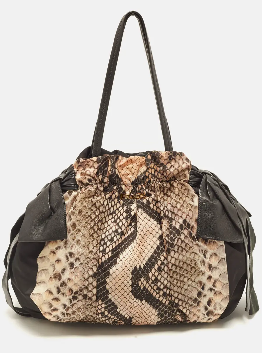 Prada Side Bow Black/Beige Python Printed Nylon and Leather Shoulder Bag