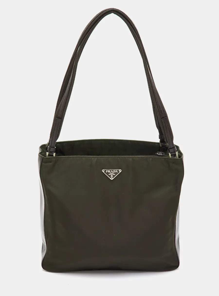 Prada Olive Green/Dark Brown Nylon and Leather Tote