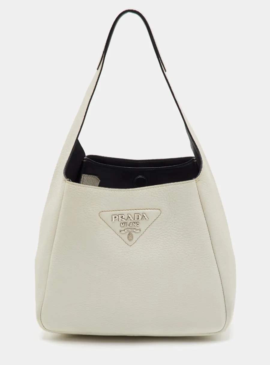 Prada Dynamique Small White Leather Logo Plaque Hobo