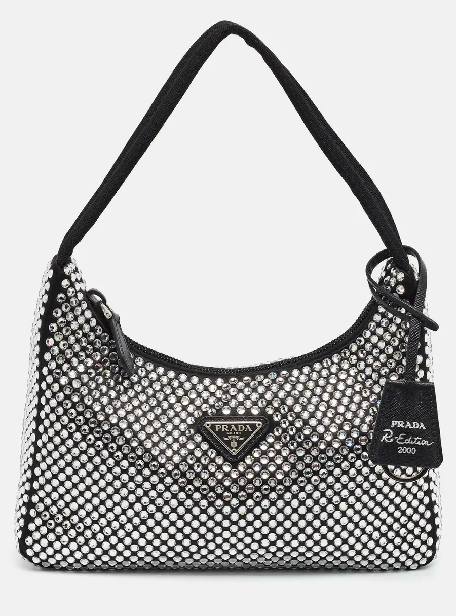 Prada Re-Edition 2000 Black Satin and Crystals Shoulder Bag