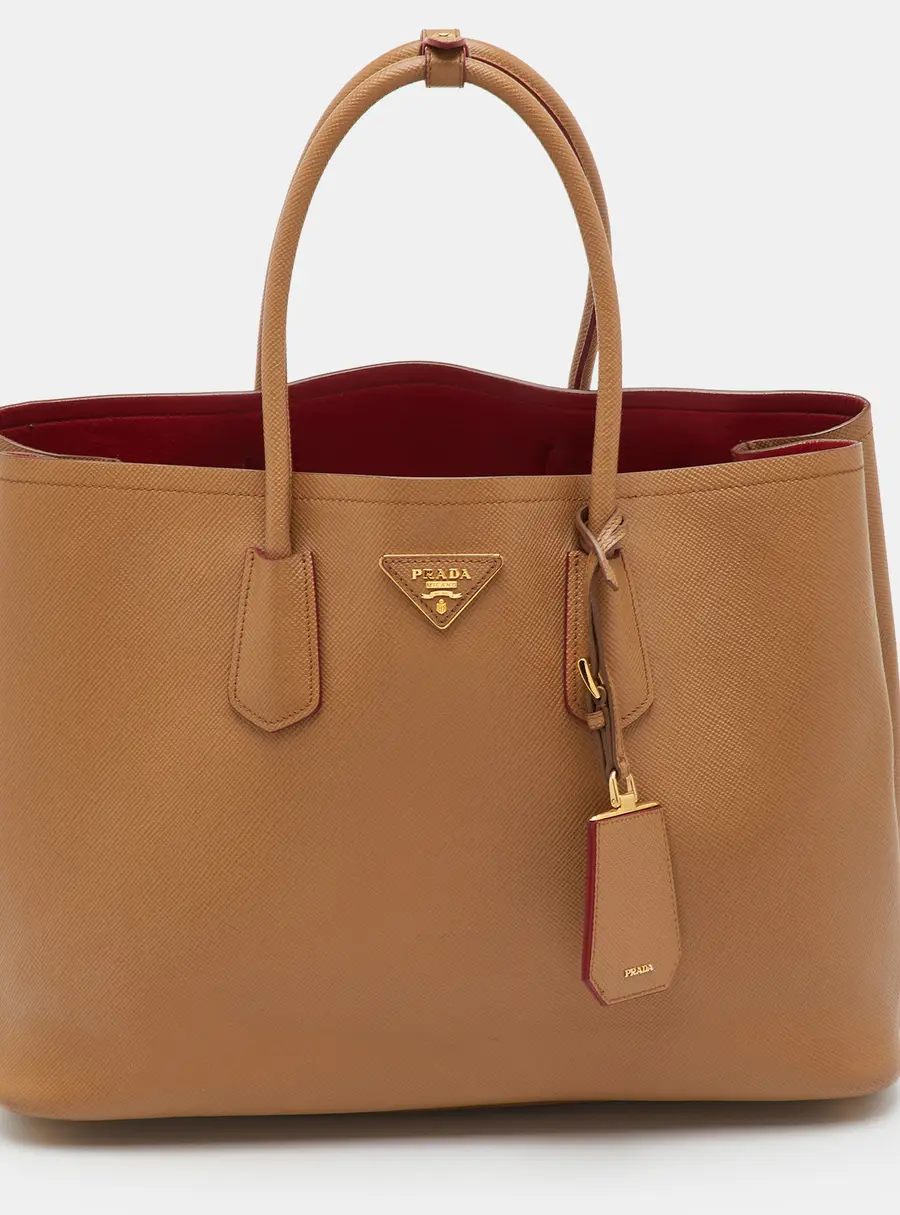 Prada Medium Brown Saffiano Leather Cuir Double Tote