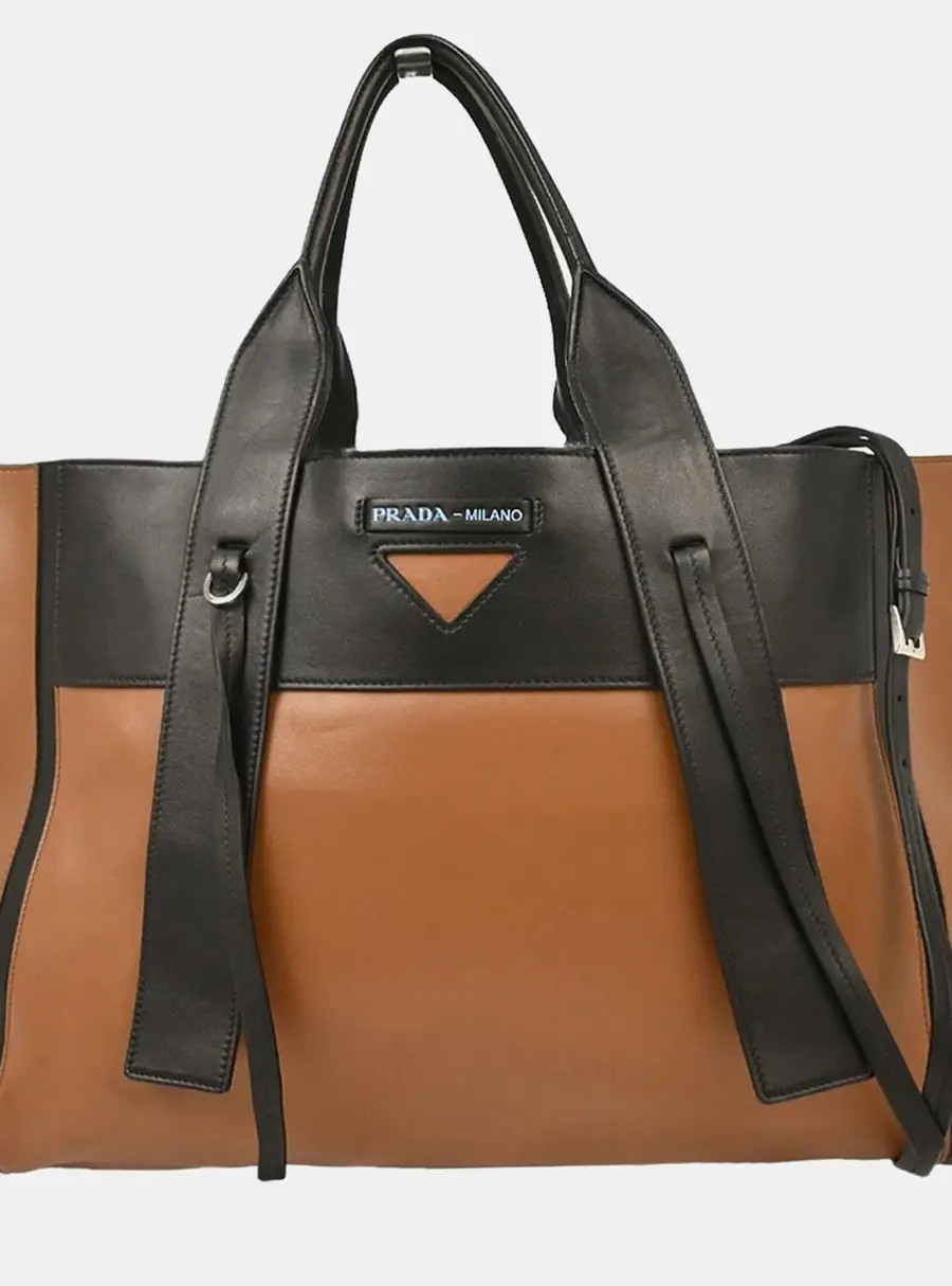 Prada Ouverture Large Cognac Brown Black Calfskin Leather 2way Tote Top Handle Bag