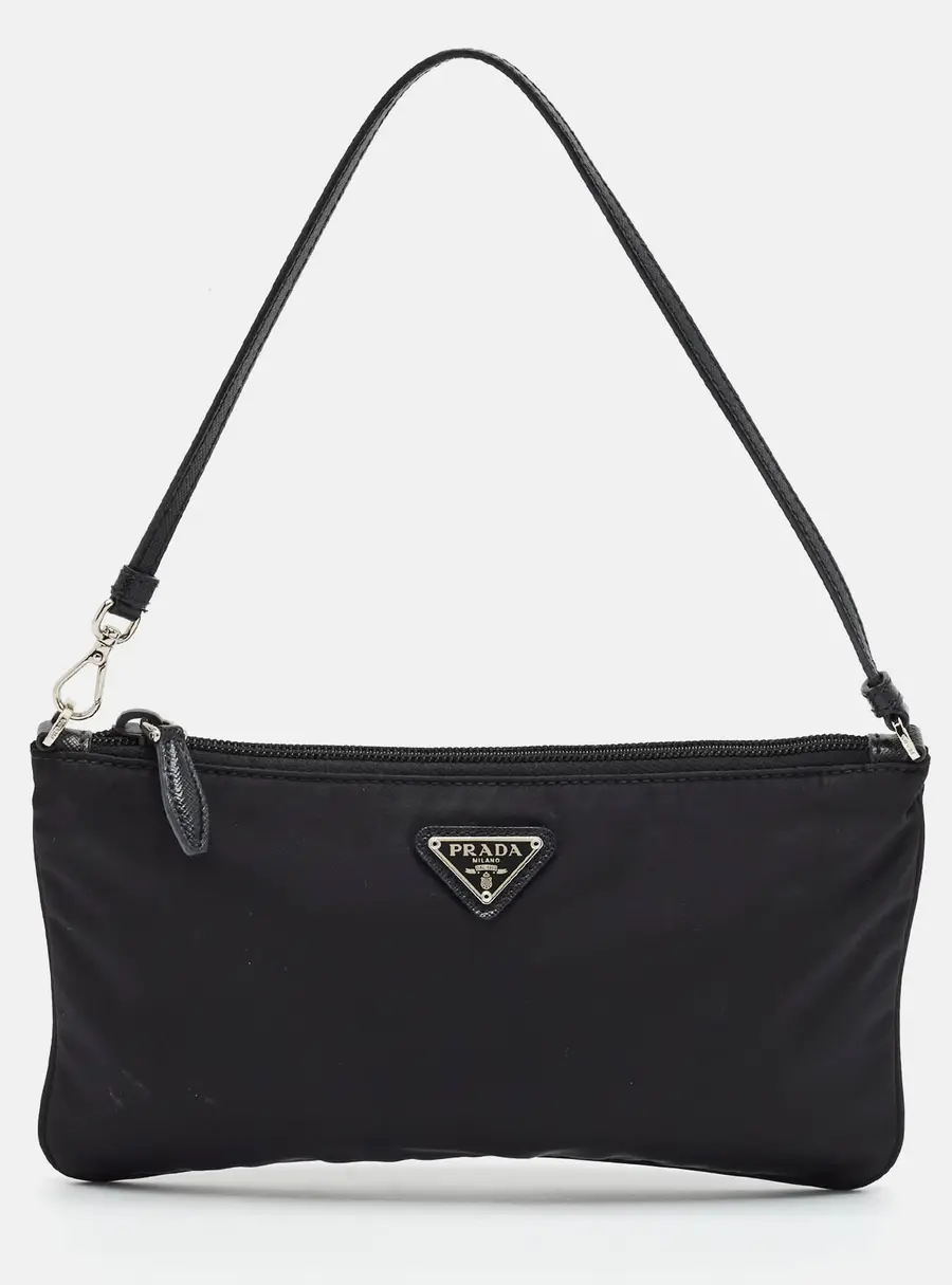 Prada Black Leather and Nylon Flat Pochette Bag
