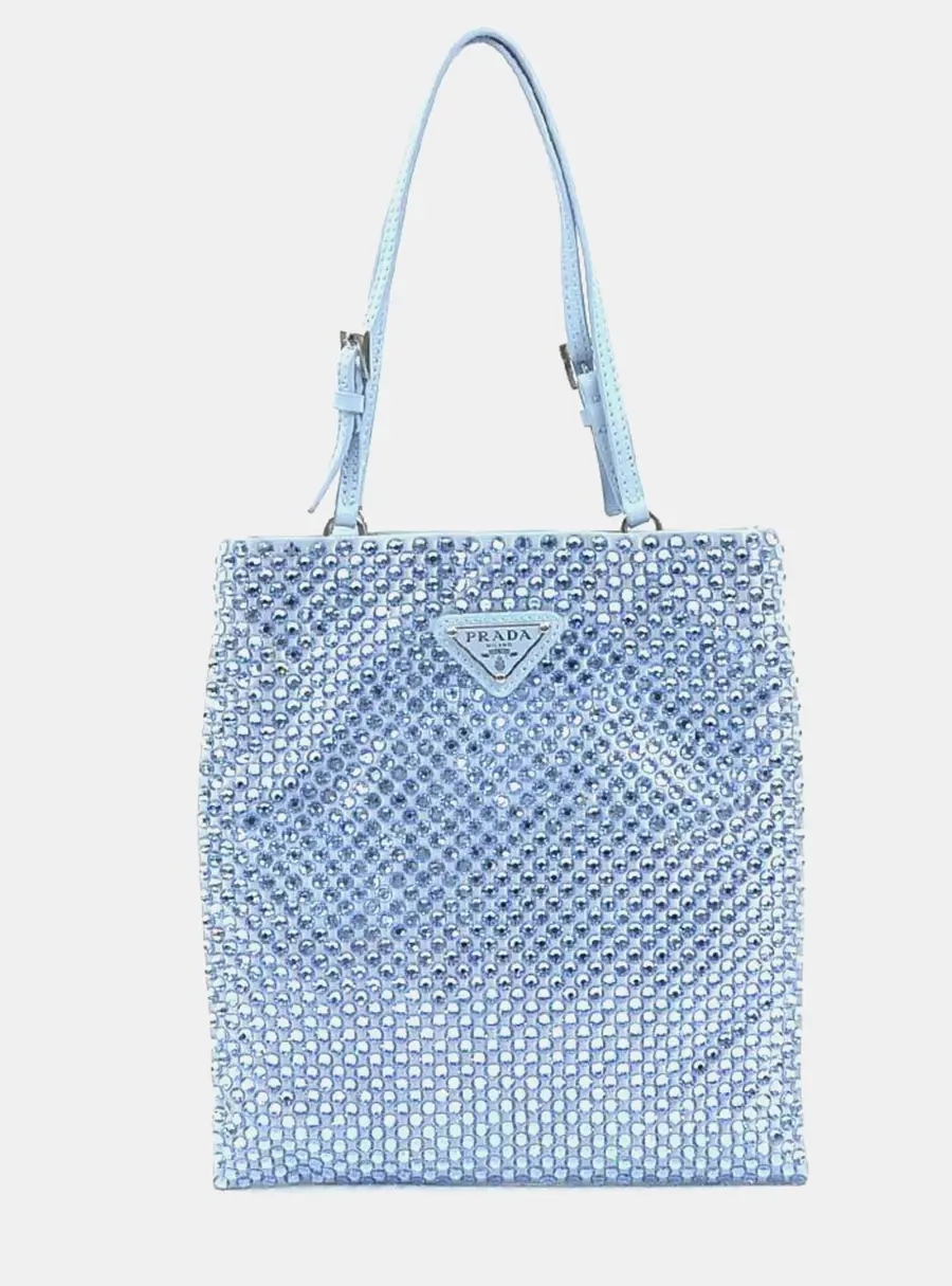 Prada Chain Flat Mini Celeste Blue Satin Crystal Tote Bag