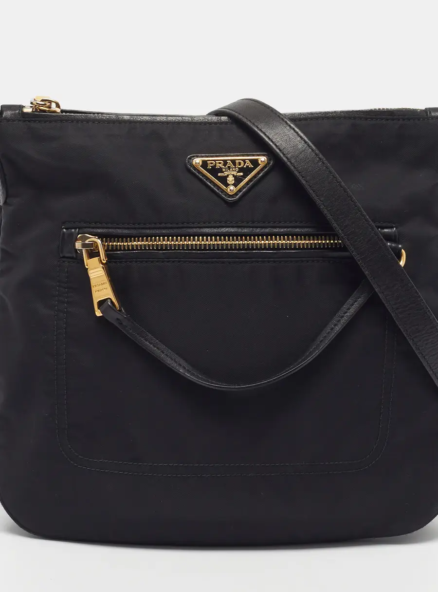 Prada Front Zip Black Leather and Nylon Crossbody Bag