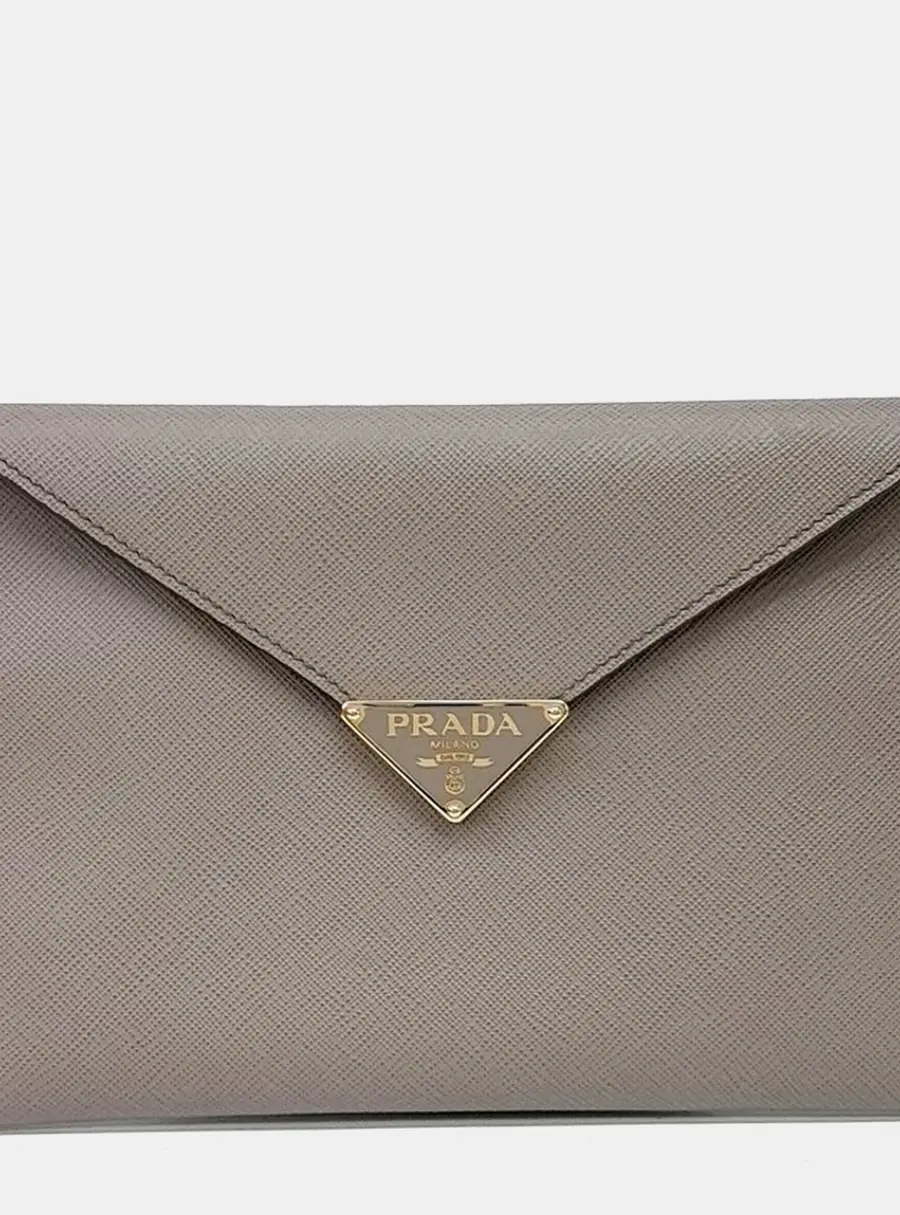 Prada Brown Grey Leather Saffiano Envelope Clutch