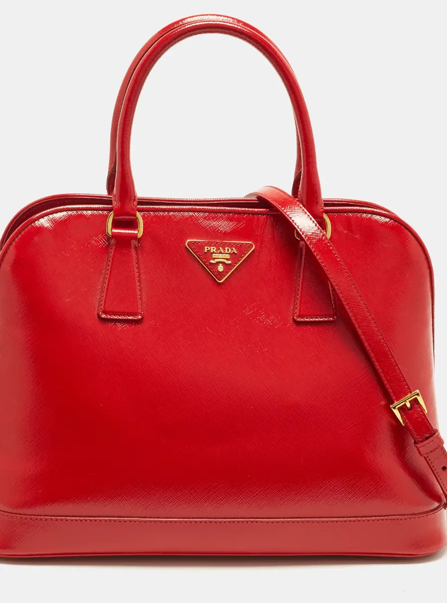 Prada Open Promenade Red Saffiano Vernis Leather Satchel