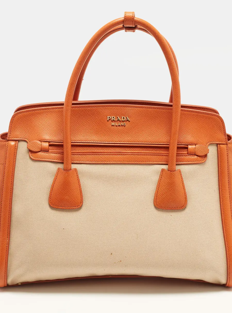 Prada Orange/Biege Canapa and Saffiano Lux Leather Tote