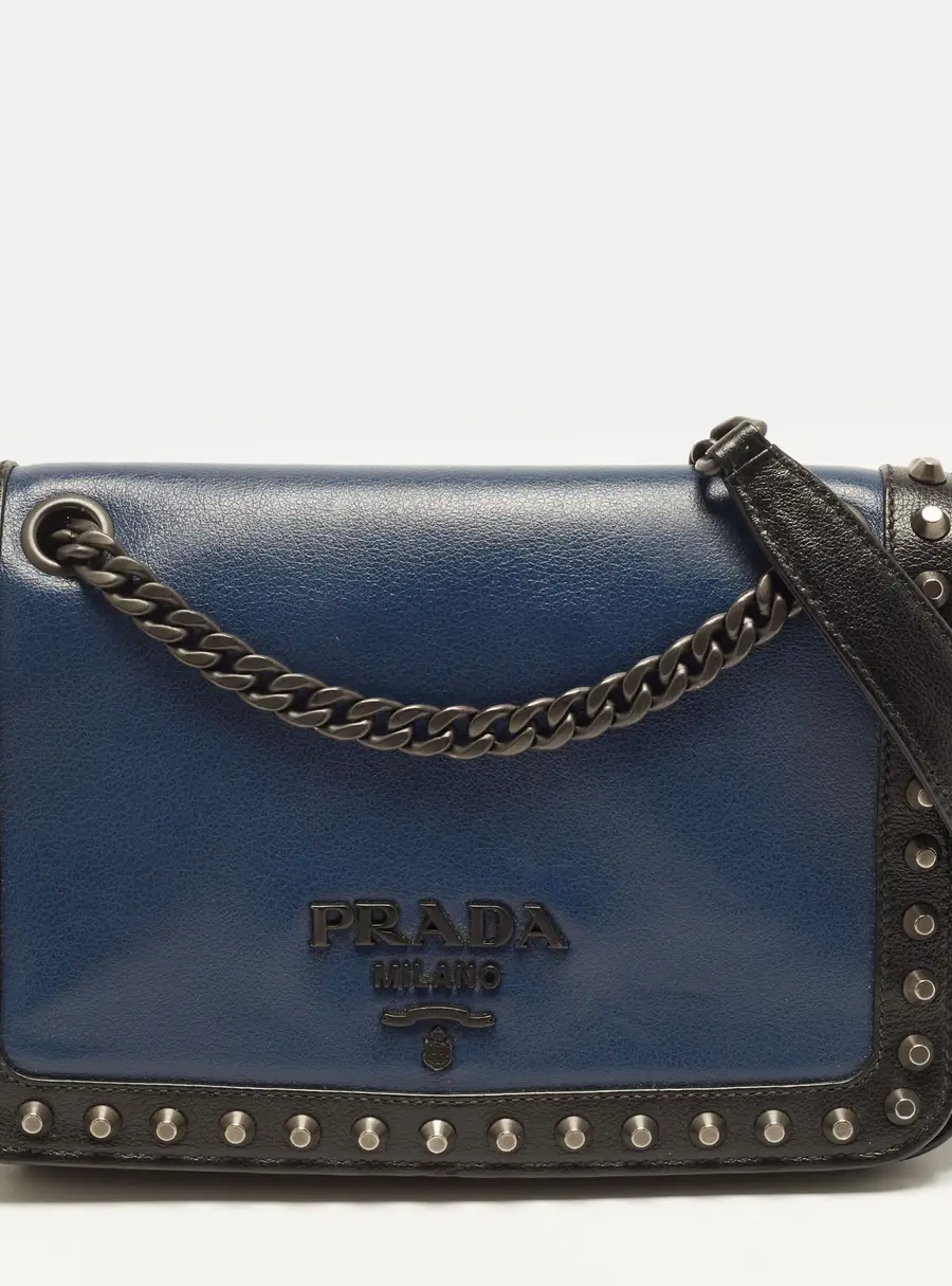 Prada Studded Flap Black/Blue Leather Shoulder Bag