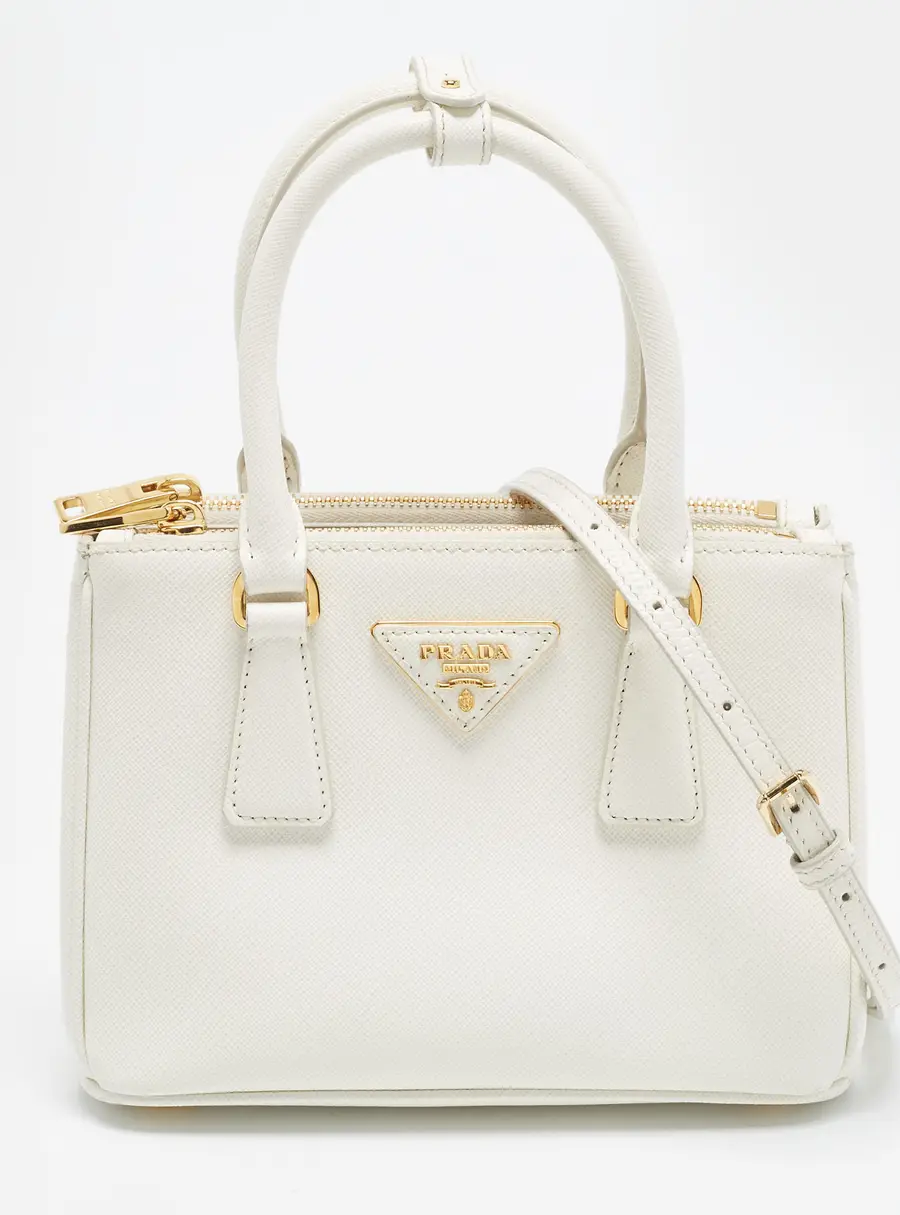 Prada Double Zip Mini White Saffiano Lux Leather Tote