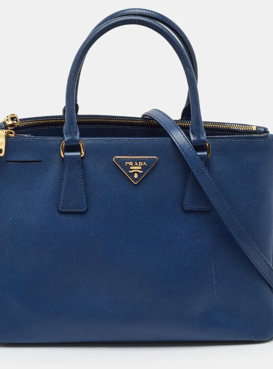 Prada Galleria Double Zip Medium Navy Blue Saffiano Lux Leather Tote