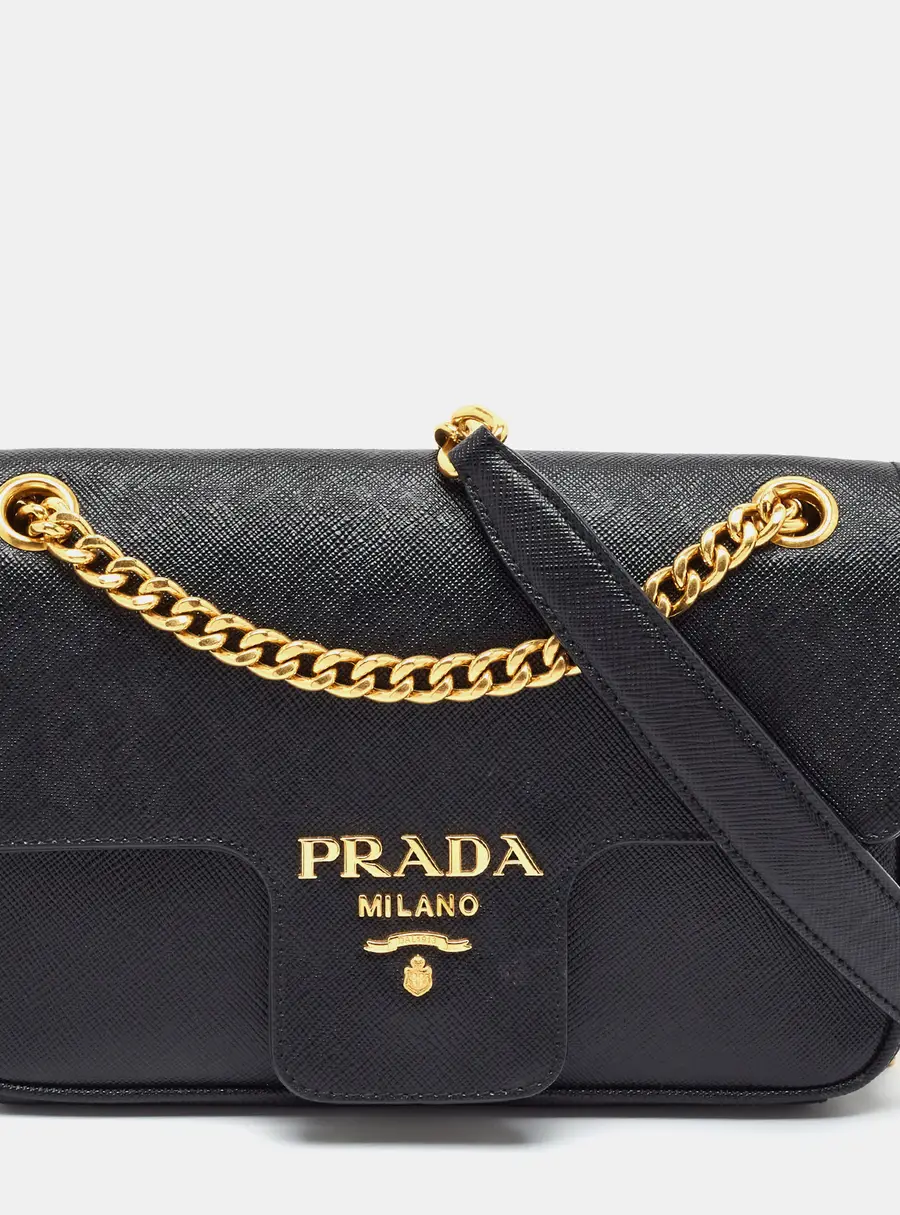 Prada Pattina Flap Black Saffiano Lux Leather Crossbody Bag