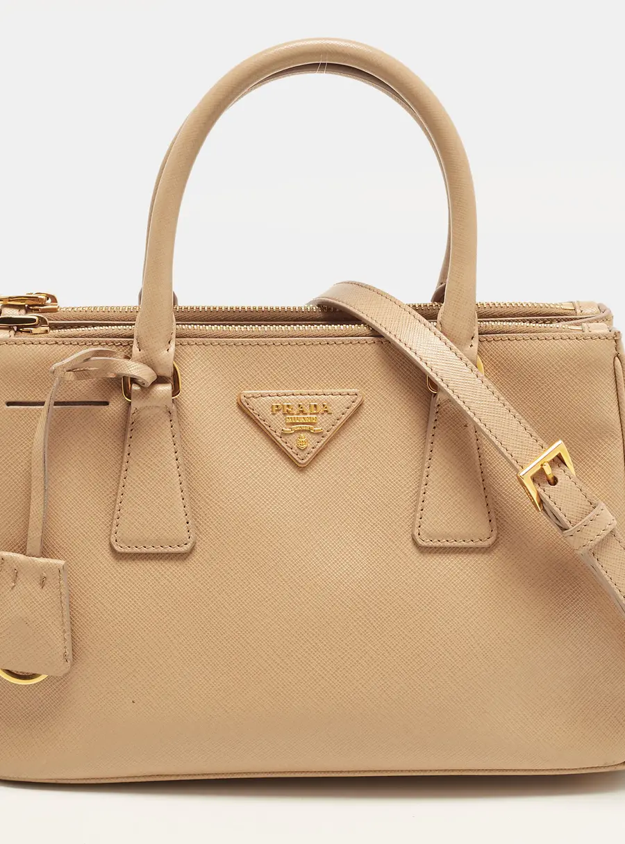 Prada Galleria Double Zip Small Beige Saffiano Lux Leather Tote