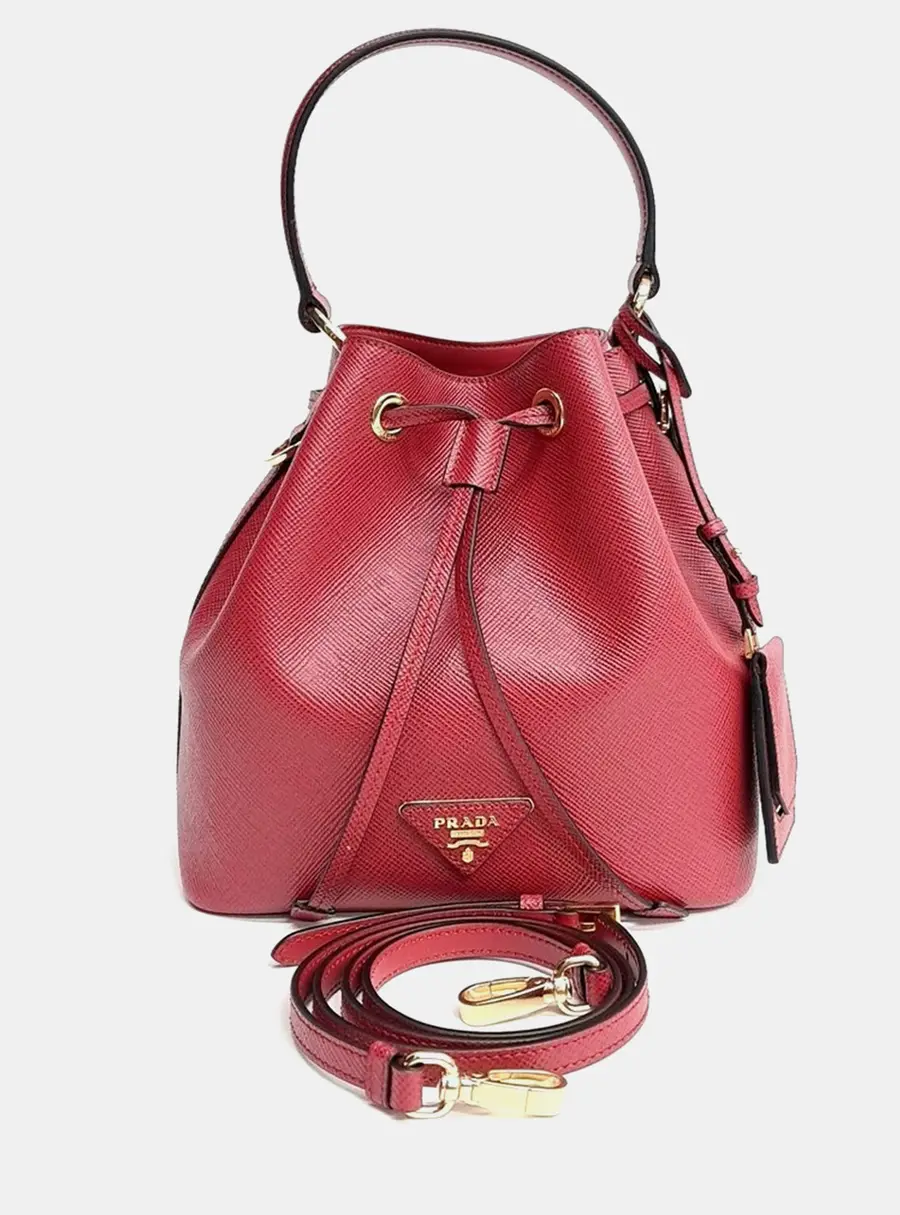 Prada Red Saffiano Bucket Tote and Crossbody Bag (1BE032)