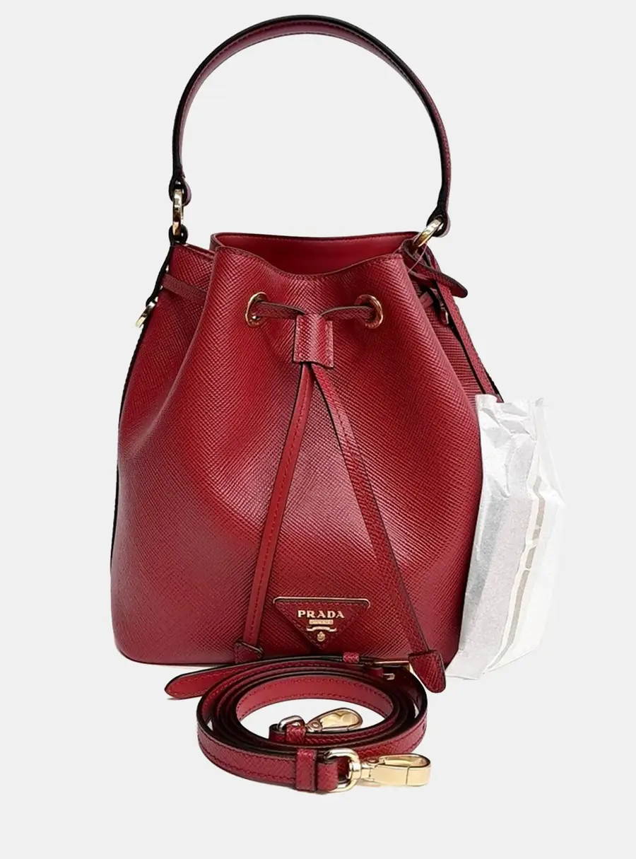 Prada Red Saffiano Bucket Tote and Crossbody Bag (1BE032)