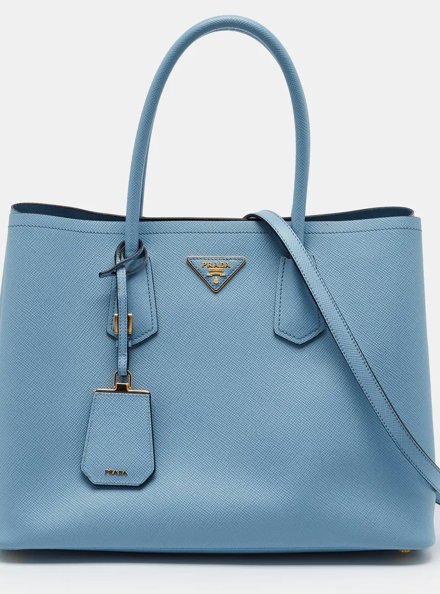 Prada Double Handle Large Light Blue Saffiano Cuir Leather Tote