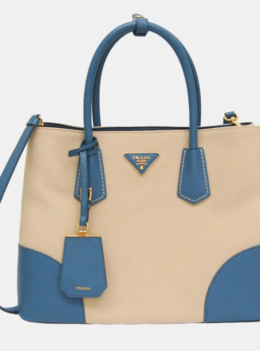 Prada Double Medium Blue Light Beige Canvas Saffiano Leather Top Handle Bag