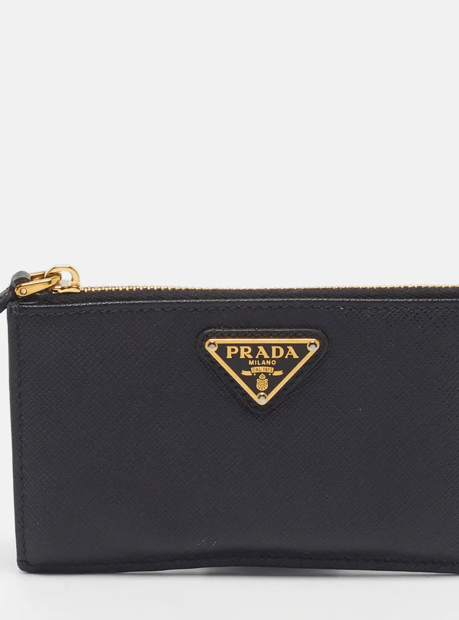 Prada Tiangle Logo Black Saffiano Metal Leather Zip Card Case