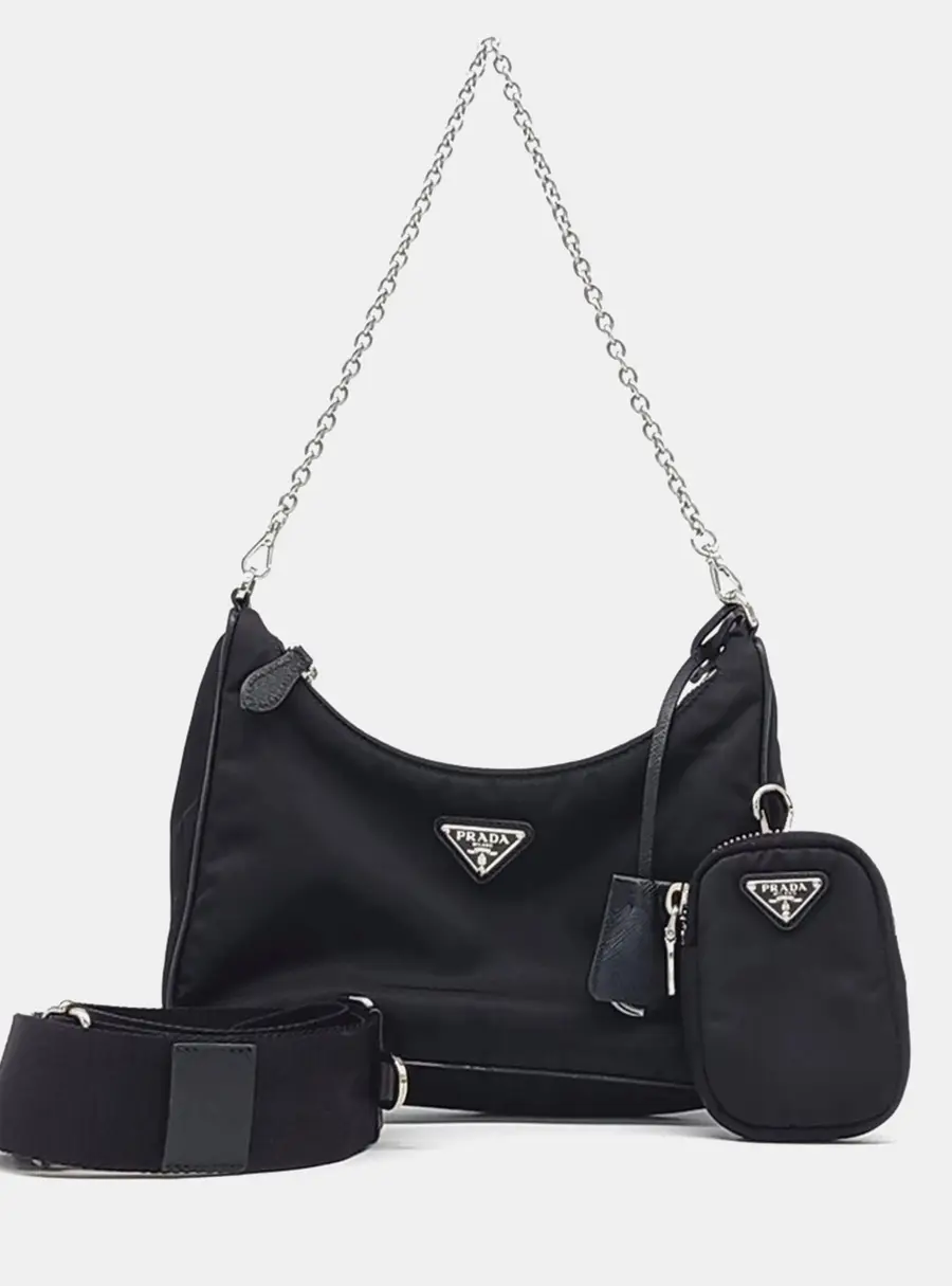 Prada Black  Re-Nylon Tessuto Chain Strap Hobo Bag (1BH204)