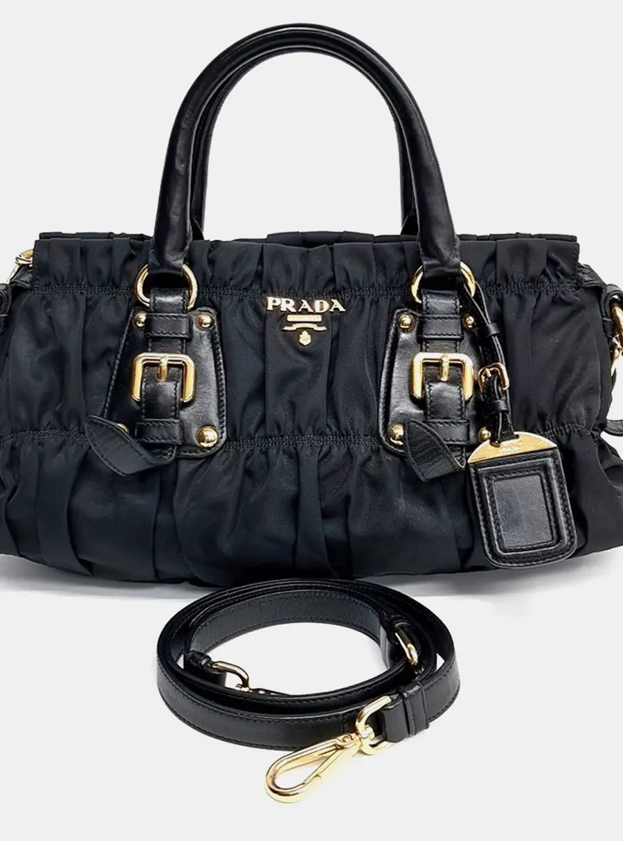 Prada Black Fabric Gaufré Tote and Shoulder Bag