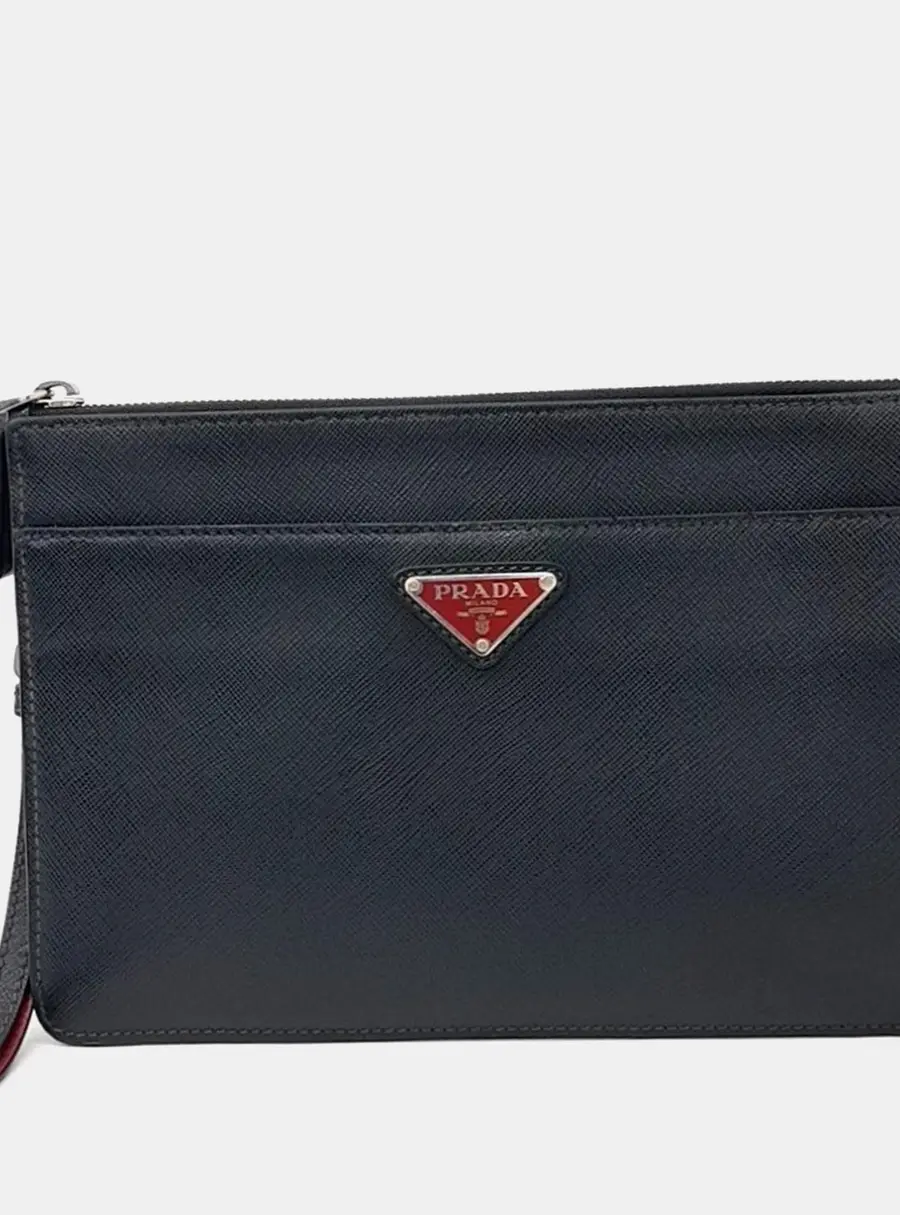 Prada Saffiano Treble Black Saffiano Leather Clutch Bag