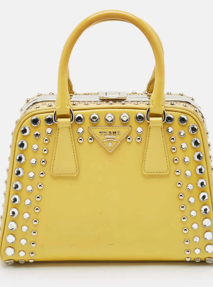 Prada Yellow/Cream Saffiano Patent Leather Small Studded Pyramid Frame Bag