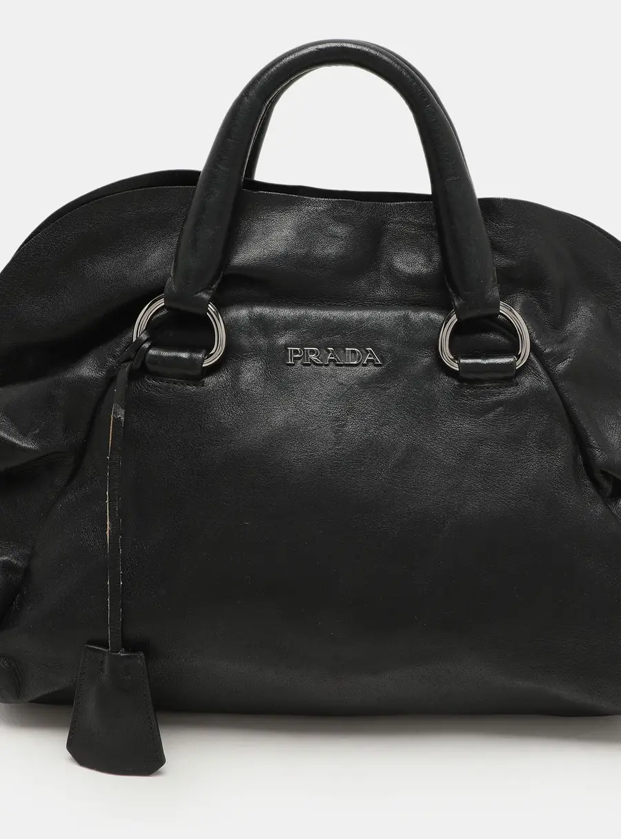 Prada Black Leather Ruffle Bauletto Satchel