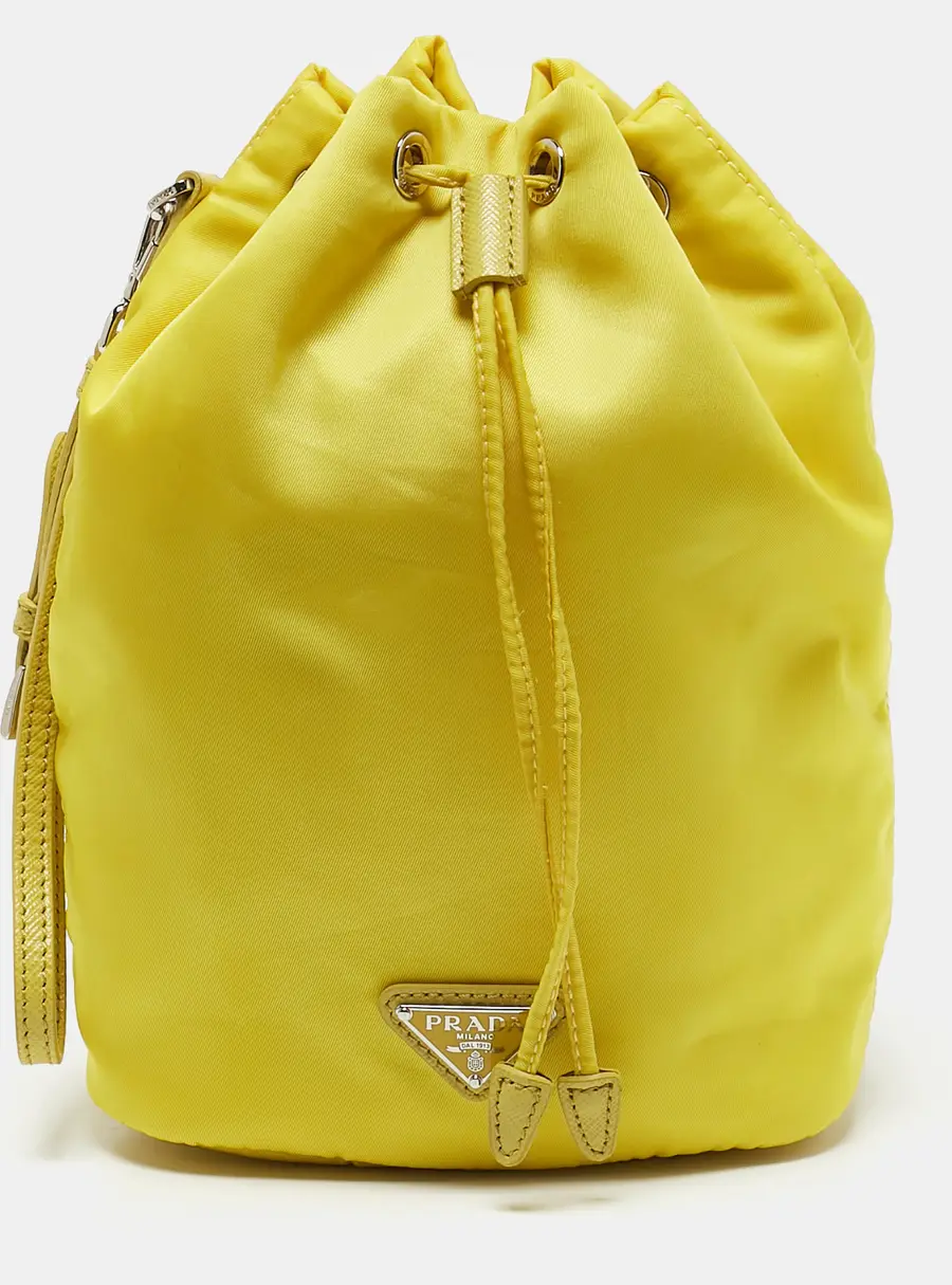 Prada Yellow Leather and Nylon Drawstring Bucket Bag