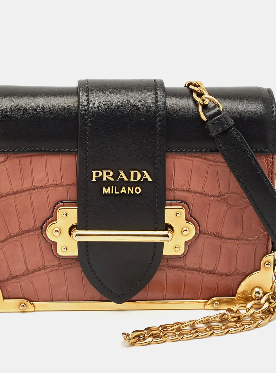 Prada Black/Beige Crocodile and Leather Cahier Flap Shoulder Bag