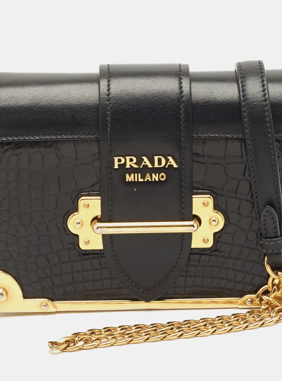 Prada Black Crocodile and Leather Cahier Chain Clutch