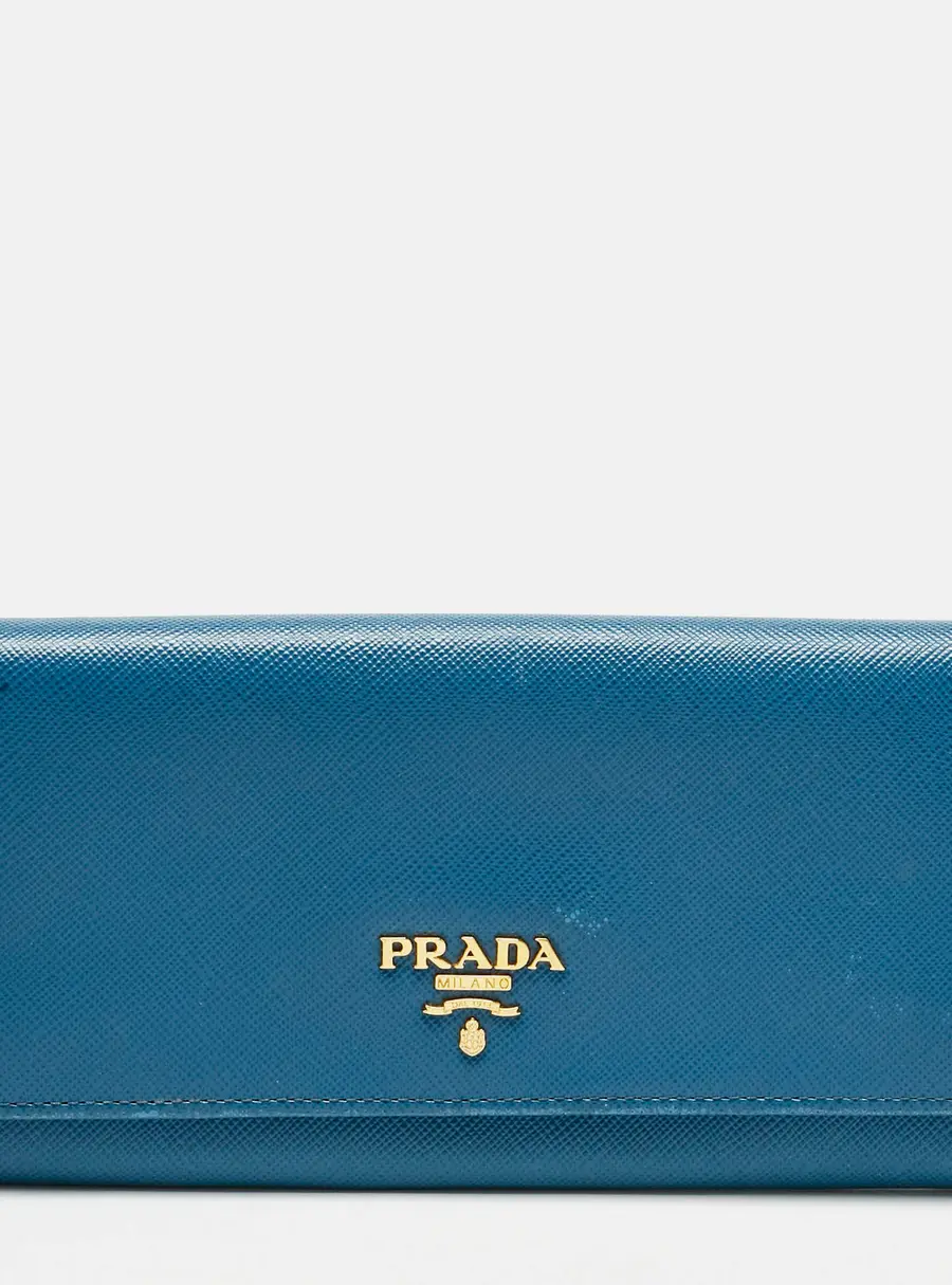 Prada Blue Saffiano Lux Leather Flap Continental Wallet