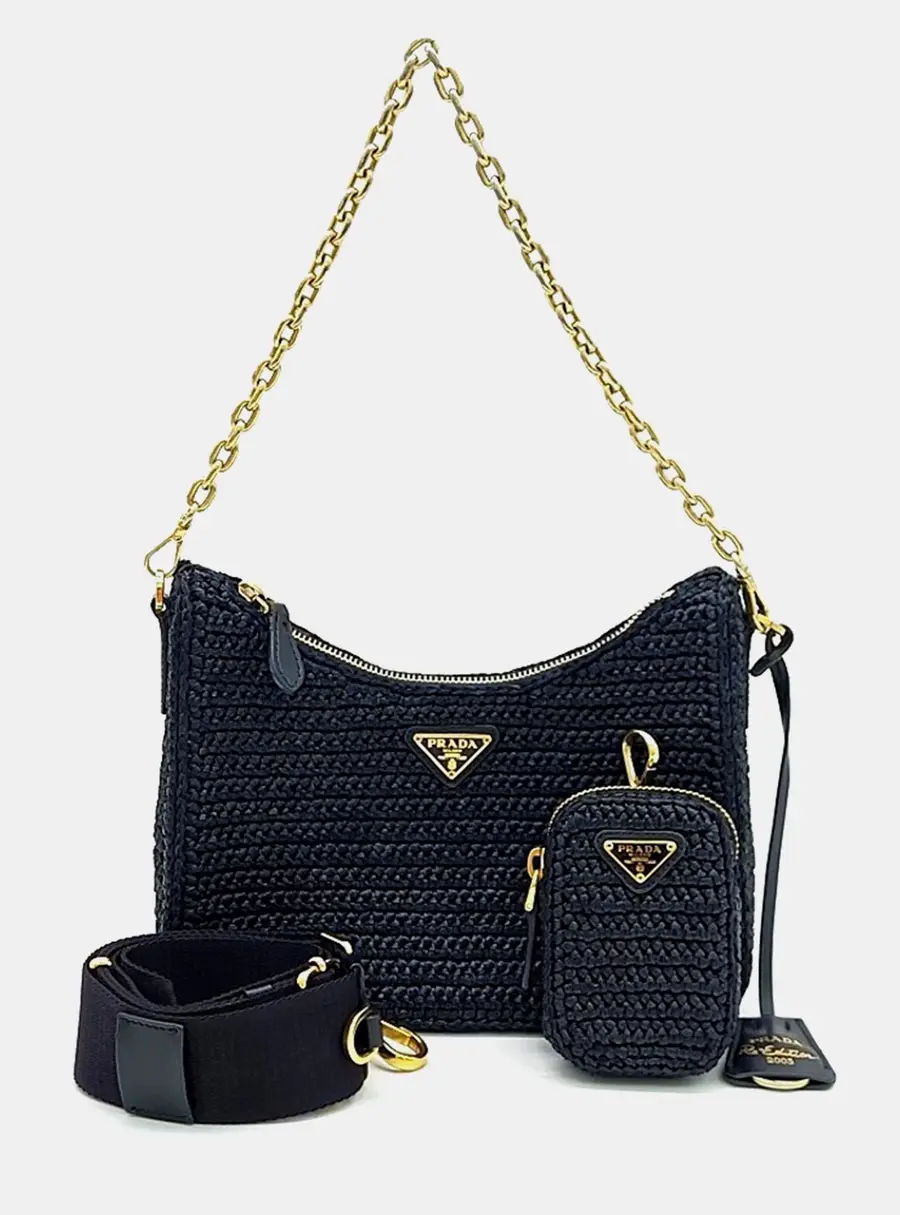Prada Black Raffia Raffia Chain Strap Hobo Bag