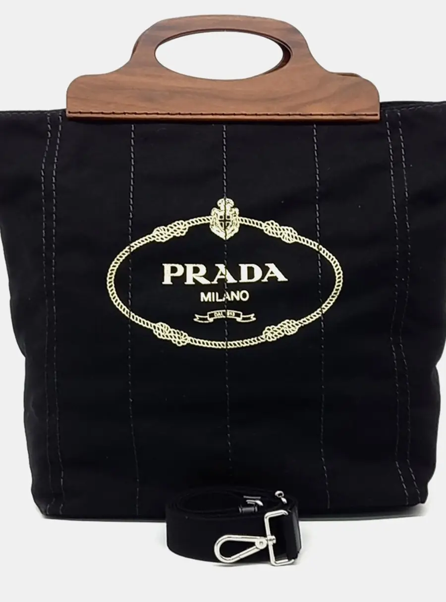 Prada Black Brown Canvas Canappa Legno Shopper Bag