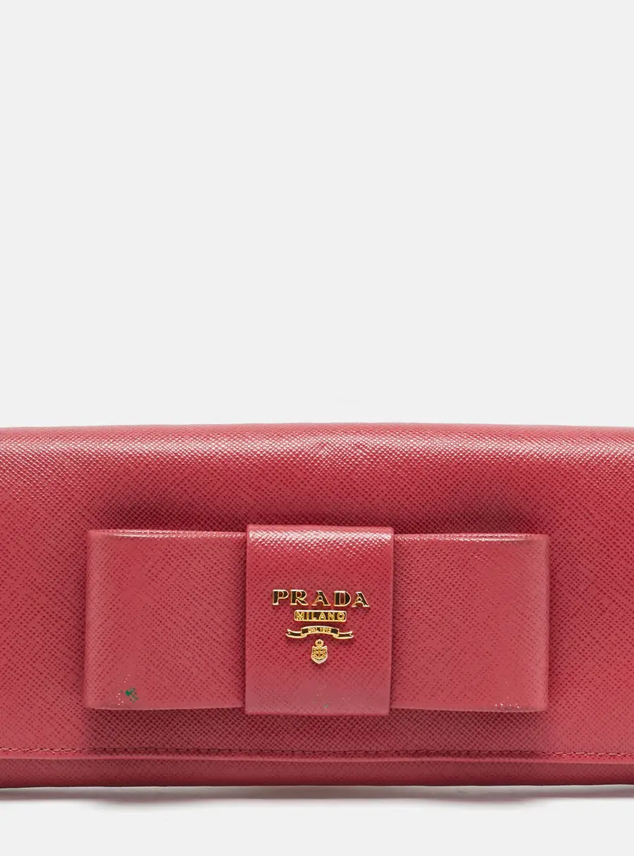 Prada Pink Saffiano Metal Leather Bow Flap Continental Wallet