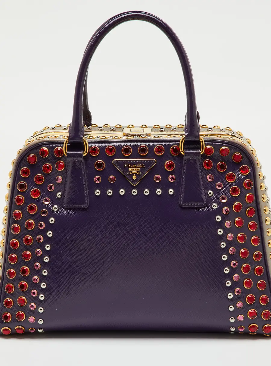 Prada Multicolor Saffiano Patent Leather Crystal Embellished Pyramid Frame Satchel