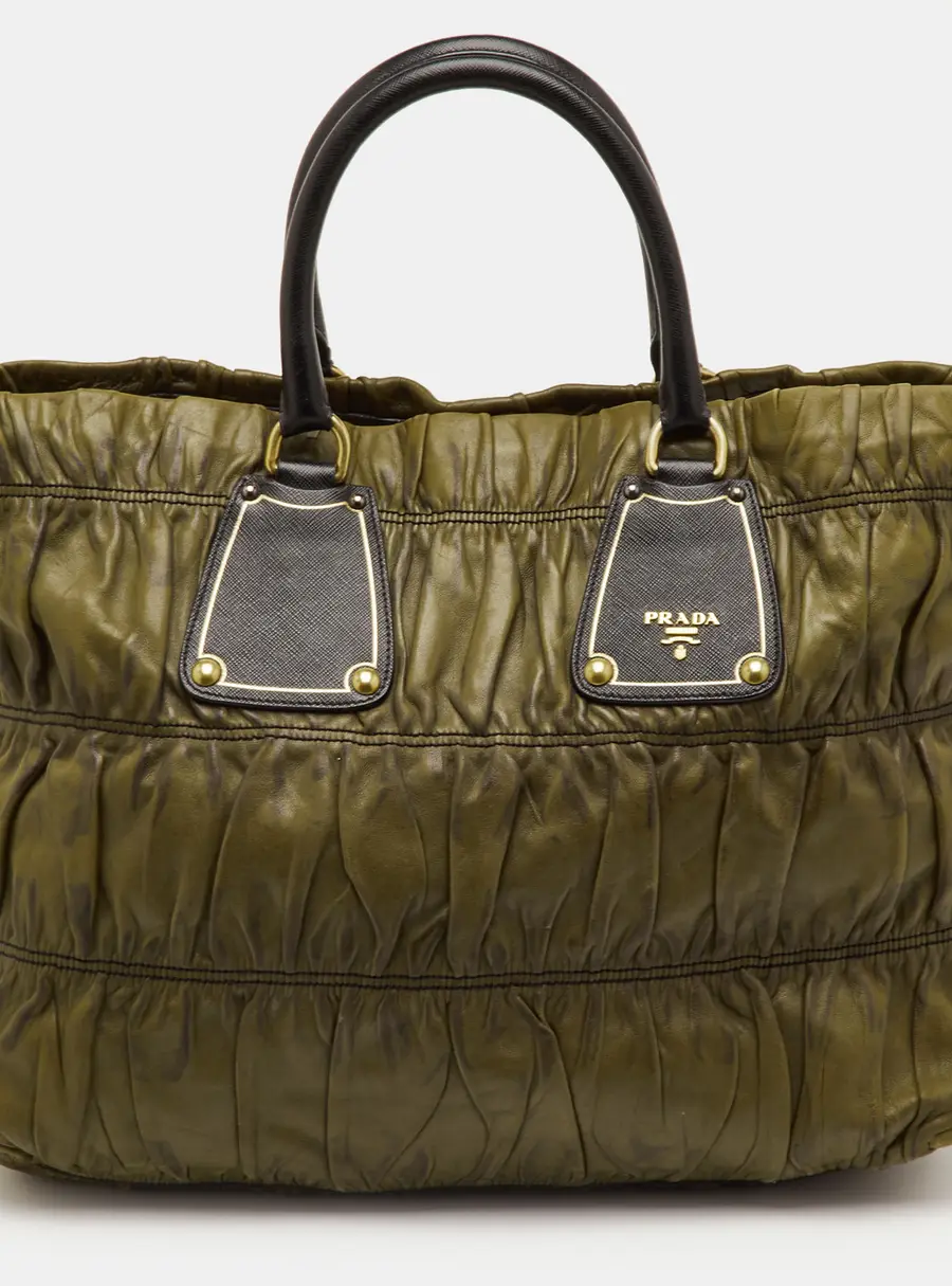 Prada Olive Green/Black Leather Gaufre Antic Tote