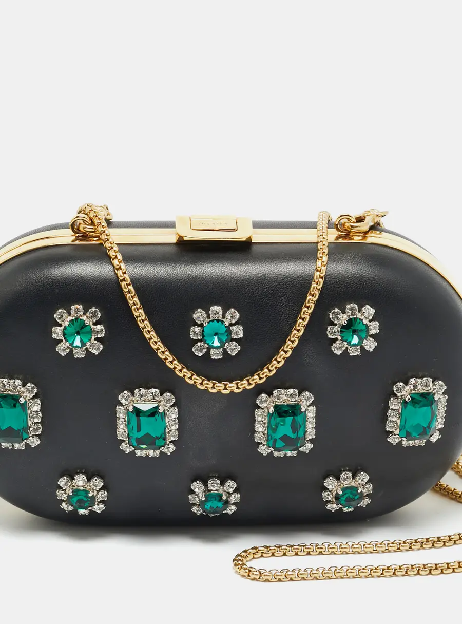 Prada Crystal Embellished Black Leather Frame Chain Clutch